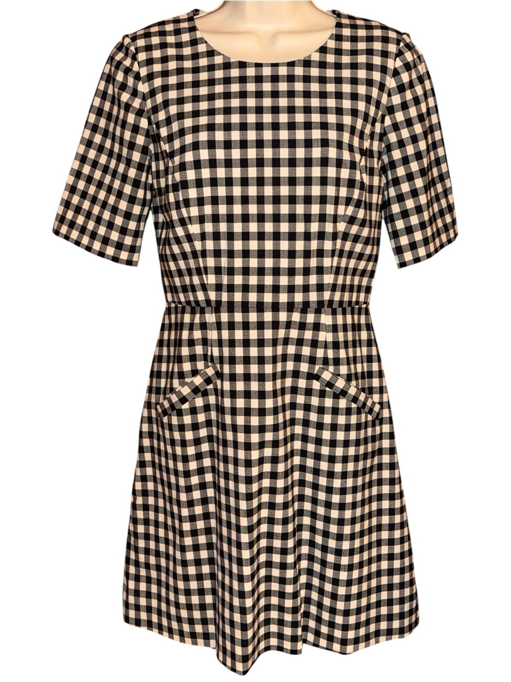 J.Crew Tollegno 1900 Gingham Black/Cream BiStretch Wool Blend Mini Dress, Size 2